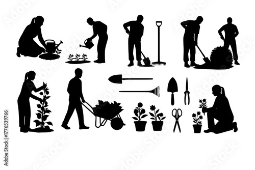 Gardening Silhouettes Pack: A diverse collection of silhouettes showcasing various gardening activities and tools, from planting to maintenance and harvesting