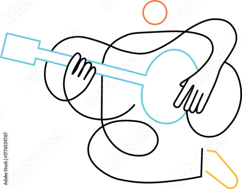 Minimalist one line drawing of a person playing guitar, abstract continuous line art musician illustration on white background