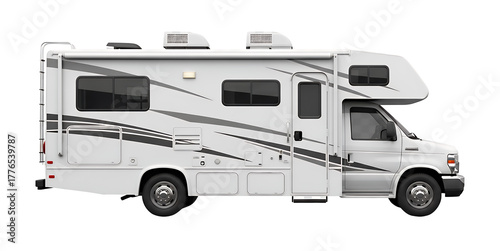 White recreational vehicle isolated on transparent background, a type of motorhome