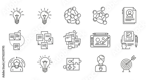 strategic planning icons set illustrates business brainstorming and target goals. team collaboration problem solving innovation and achieving success.
