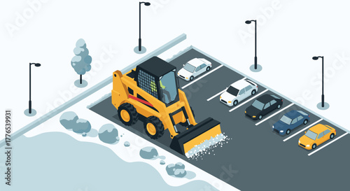 Isometric snow plow clearing parking lot with winter landscape