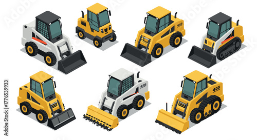 Isometric construction equipment set featuring skid steer loaders and bulldozers