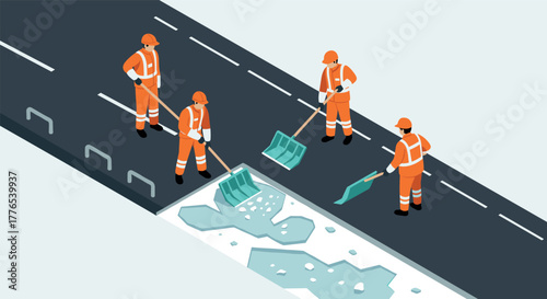 Road repair team working on winter street maintenance in isometric style