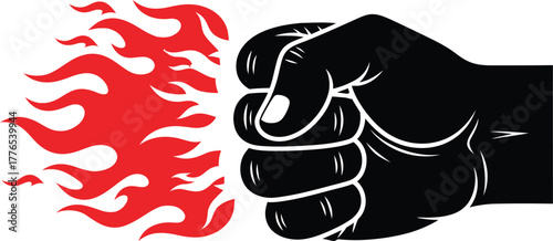 Powerful black fist icon with red stylized flames depicting strength, energy, and impact on white background.