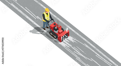 Road worker clearing snow with red machine on winter street in isometric style
