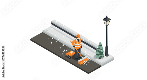 Winter street maintenance isometric design with snow removal worker