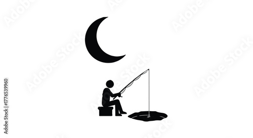 Solitary figure patiently fishing under a crescent moon