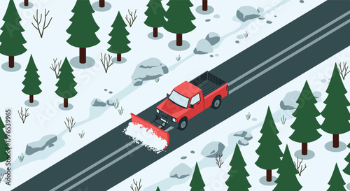 Snowplow truck clearing snow on forest road in winter landscape