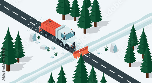 Isometric snow plow truck clearing forest road surrounded by pine trees