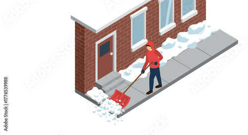Isometric winter scene with person shoveling snow outside brick building