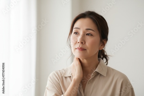 Thoughtful middle-aged Asian woman looking away with a pensive expression. Midlife changes and health concept. Representing menopause and self-care