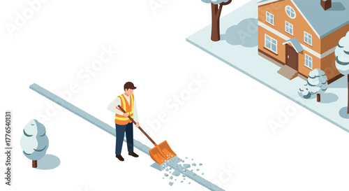 Worker clearing driveway path in snowy residential neighborhood isometric style