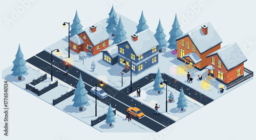 Winter wonderland neighborhood in isometric view with snowcovered houses and festive lights