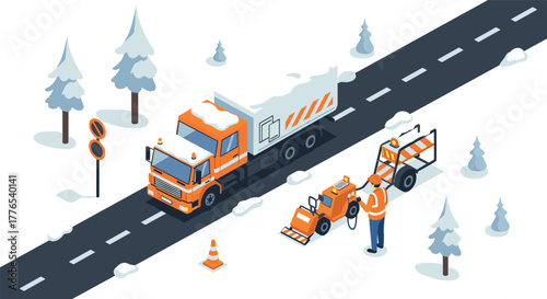 Snow plow truck clearing winter road in isometric urban scene