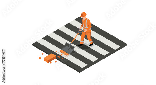 Isometric construction worker cleaning crosswalk with shovel