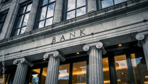 Historic stone bank building exterior with classical columns large windows and prominent BANK sign.