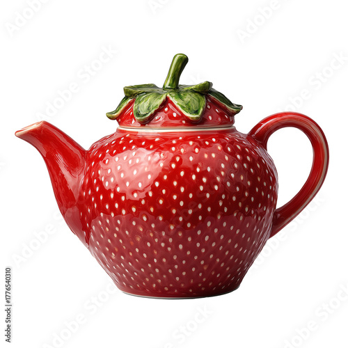 Bright Red Teapot With Strawberry Design and Leaf Detail for Tea Serving
