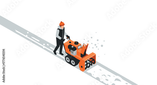 Man operating snow blower on winter day in isometric style