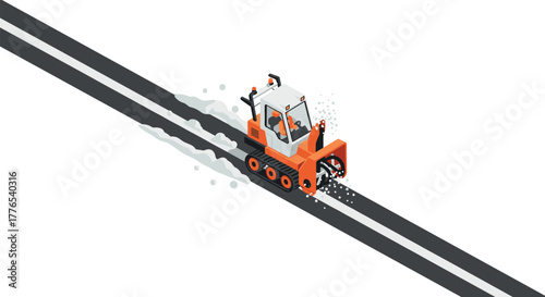Snowplow truck clearing road in minimal isometric style with clean design
