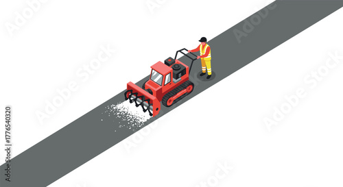 Snowplow machine clearing snow on road with worker in isometric style