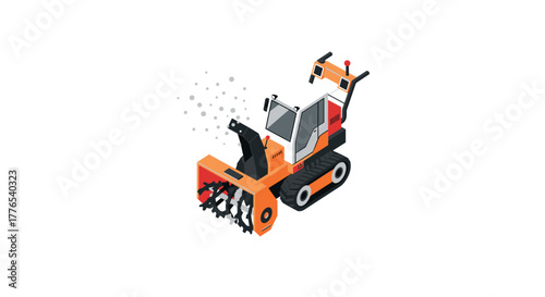 Isometric snow removal machine design with orange and gray details on white background