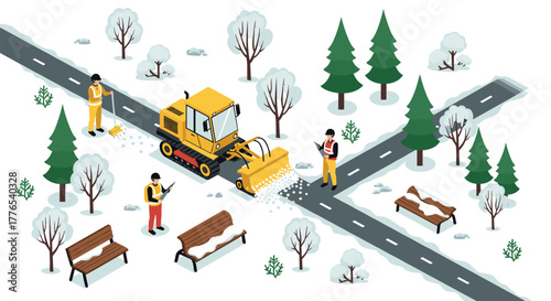 Winter road maintenance with isometric snow plow and workers in scenic park scene