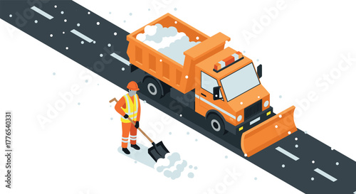 Snowy road maintenance with orange snowplow truck and worker in isometric style