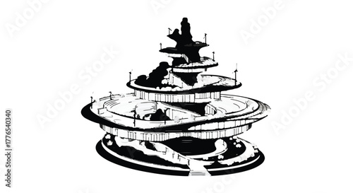 Futuristic architectural design with layered levels and organic shapes