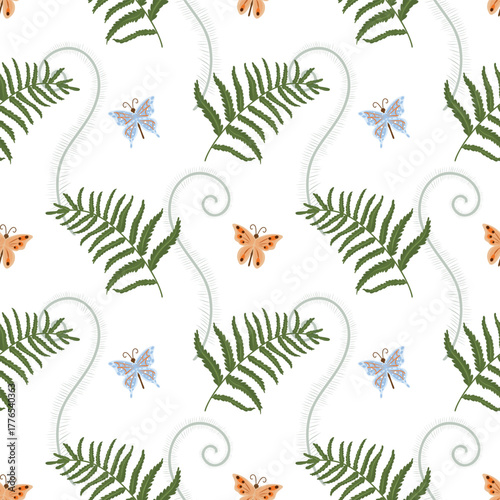 Fern and butterfly seamless pattern, Nature background