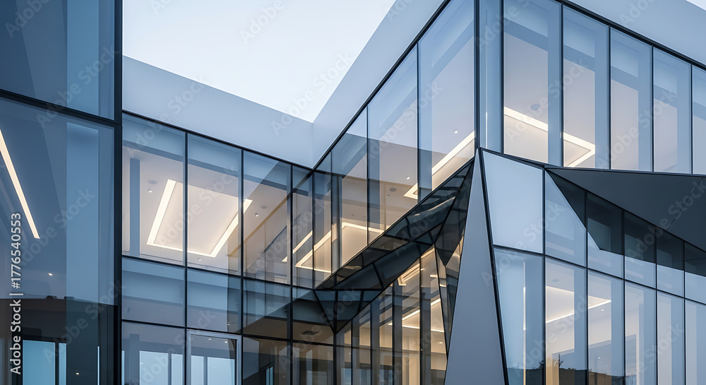 Obraz premium Contemporary Glass Architecture with Angular Design and Illuminated Interior Spaces