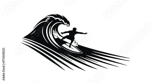 Silhouette of a surfer riding a powerful wave with dynamic spray and motion lines.