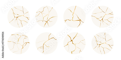 Golden cracks effect in japanese kintsugi art mosaic style. Luxury marble stone. Broken porcelain gold fissures. Marble texture. Luxury design for wall art, wallpaper, wedding card, social media.