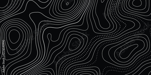 The black on white contours topography stylized relief diagram line wave carve pattern background.	
