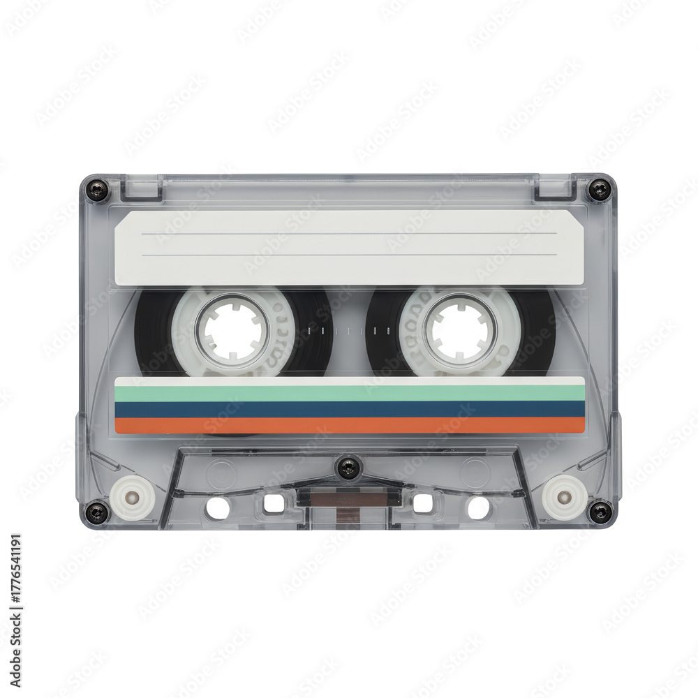 Fototapeta premium A clear retro audio cassette tape with a vibrant colorful stripe isolated on transparent