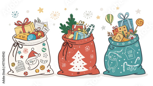 Three festive Christmas gift bags overflowing with presents and holiday cheer silhouette