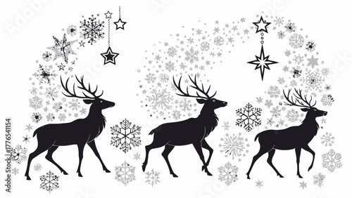 Elegant reindeer silhouette procession through festive snowflakes and stars, capturing winter magic