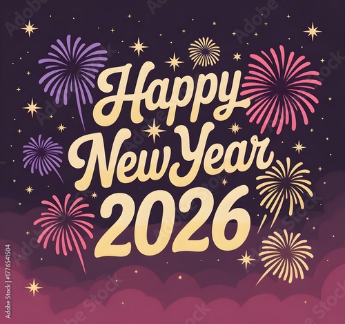 Happy new year 2026 text with colorful fireworks and stars on a dark purple background