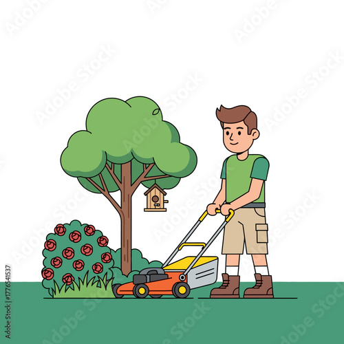Young man mowing lawn in backyard garden with tree and flower bushes outdoors