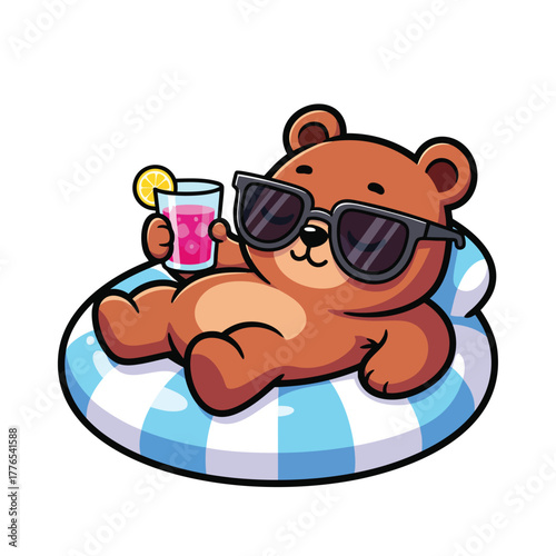 Cool cartoon brown bear with sunglasses relaxing on a blue inflatable ring holding a pink drink.