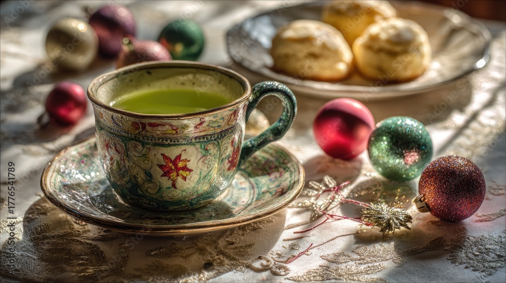 Fototapeta premium Cozy Tea Time with Green Tea and Festive Christmas Decorations