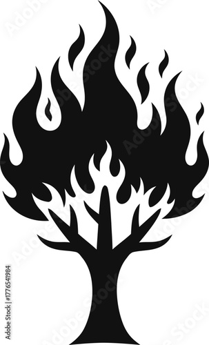 Stylized burning tree silhouette vector illustration with vibrant flames as foliage on white.