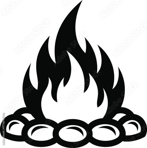 Stylized campfire icon with flames and a circle of rocks, symbolizing warmth, outdoor activities.