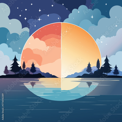 Day and Night Landscape Vector Illustration — Split Scenic Views with Sun, Moon, and Stars