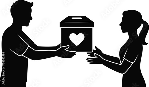 Silhouettes of people exchanging a donation box Keywords: donation, giving, charity, sharing