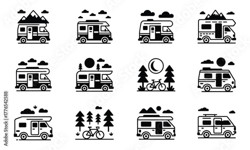 Van life and camping rv icon set