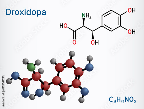 Droxidopa, L-DOPS molecule. For treating neurogenic orthostatic hypotension, Parkinson’s disease. Skeletal chemical formula. Vector illustration