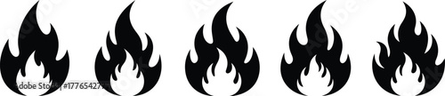 Collection of five black stylized fire flame icons symbolizing heat, danger, energy, and burning.