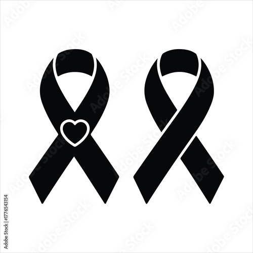 Black awareness ribbons with heart for support and memorial design