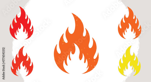 Distressed vector flame icons set in vibrant red, orange, and yellow hues on a bright background.