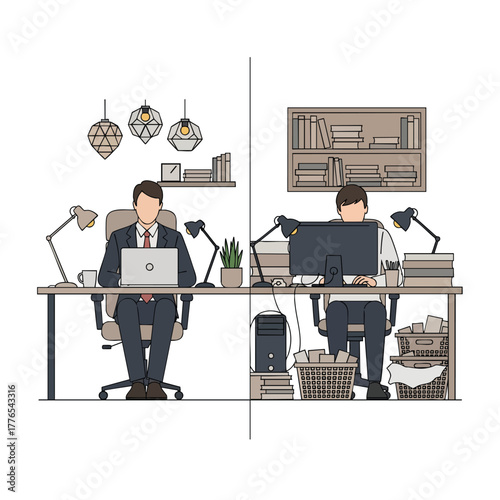 Illustration comparing two office workers one organized in a suit at a neat desk the other casual and messy.
